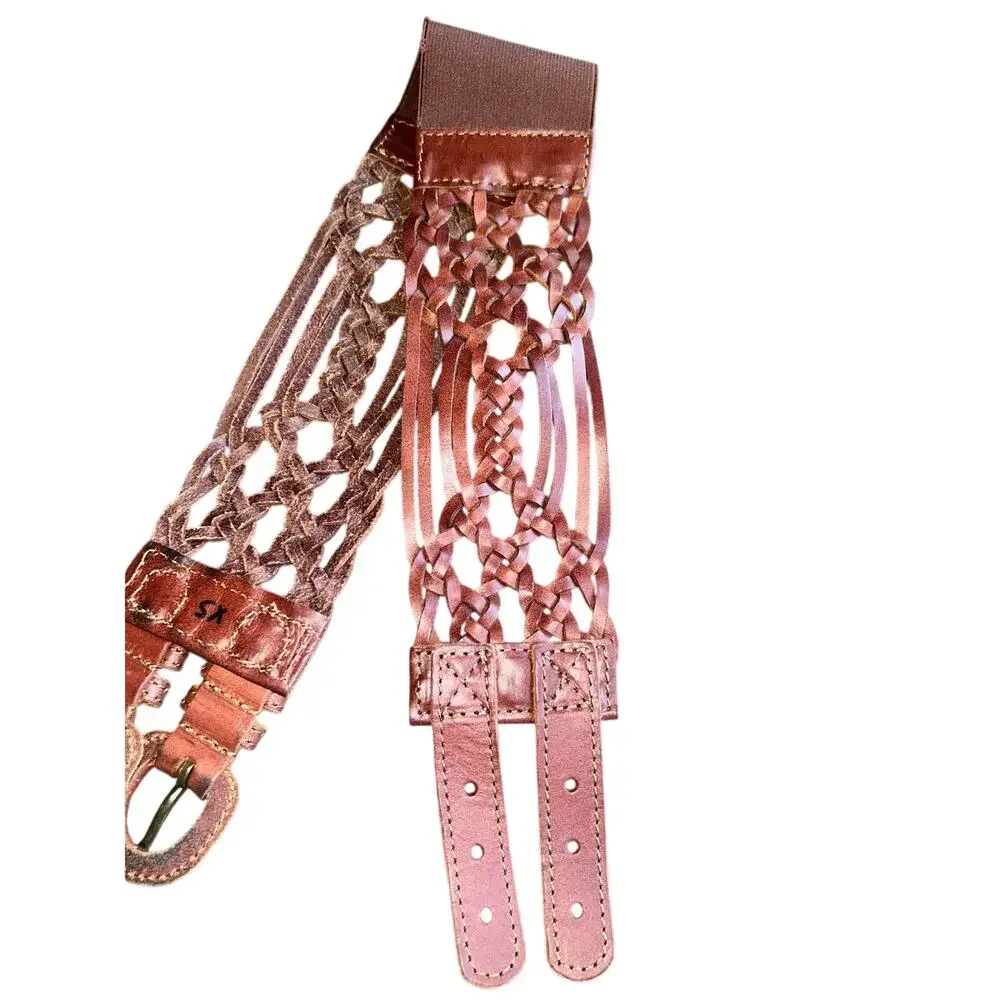 Vintage Brown Leather Woven Wide Kidney Belt 1990s XS western Triple Buckle
